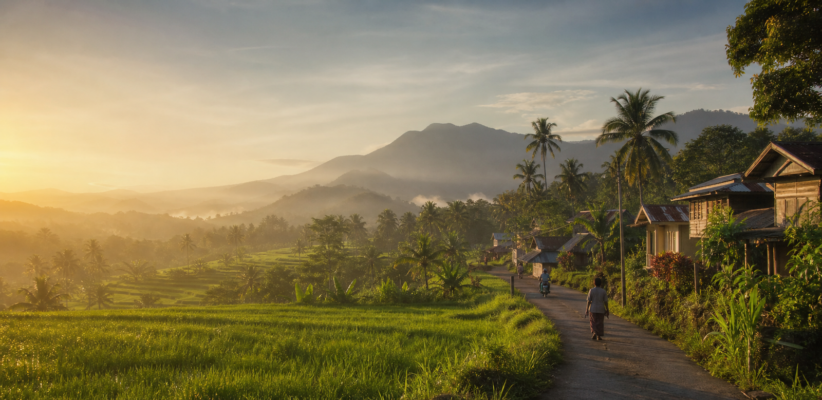 Panorama persawahan dan permukiman Desa Miranti saat matahari terbit